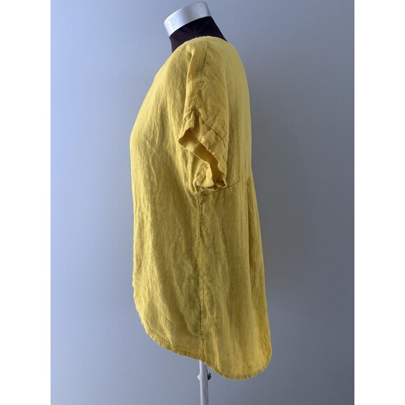 Terzo Millennio Italy Linen Tunic Size Medium Yellow Button Back Lagenlook Hi Lo - Picture 2 of 11
